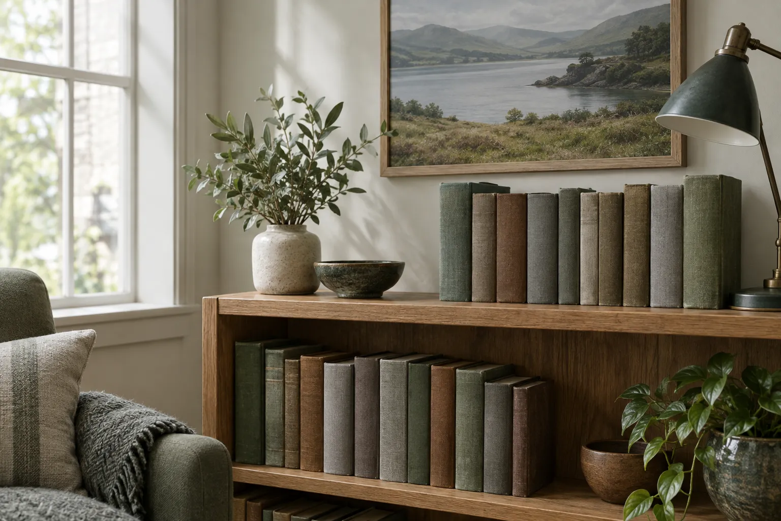 A shelf of old cloth-bound books under a framed landscape painting.