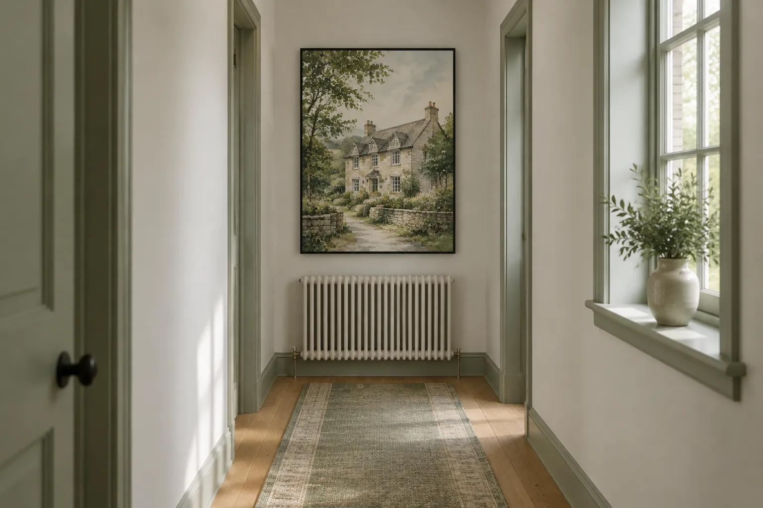 A pale painted hallway with a framed painting of a stone house hung above a radiator.