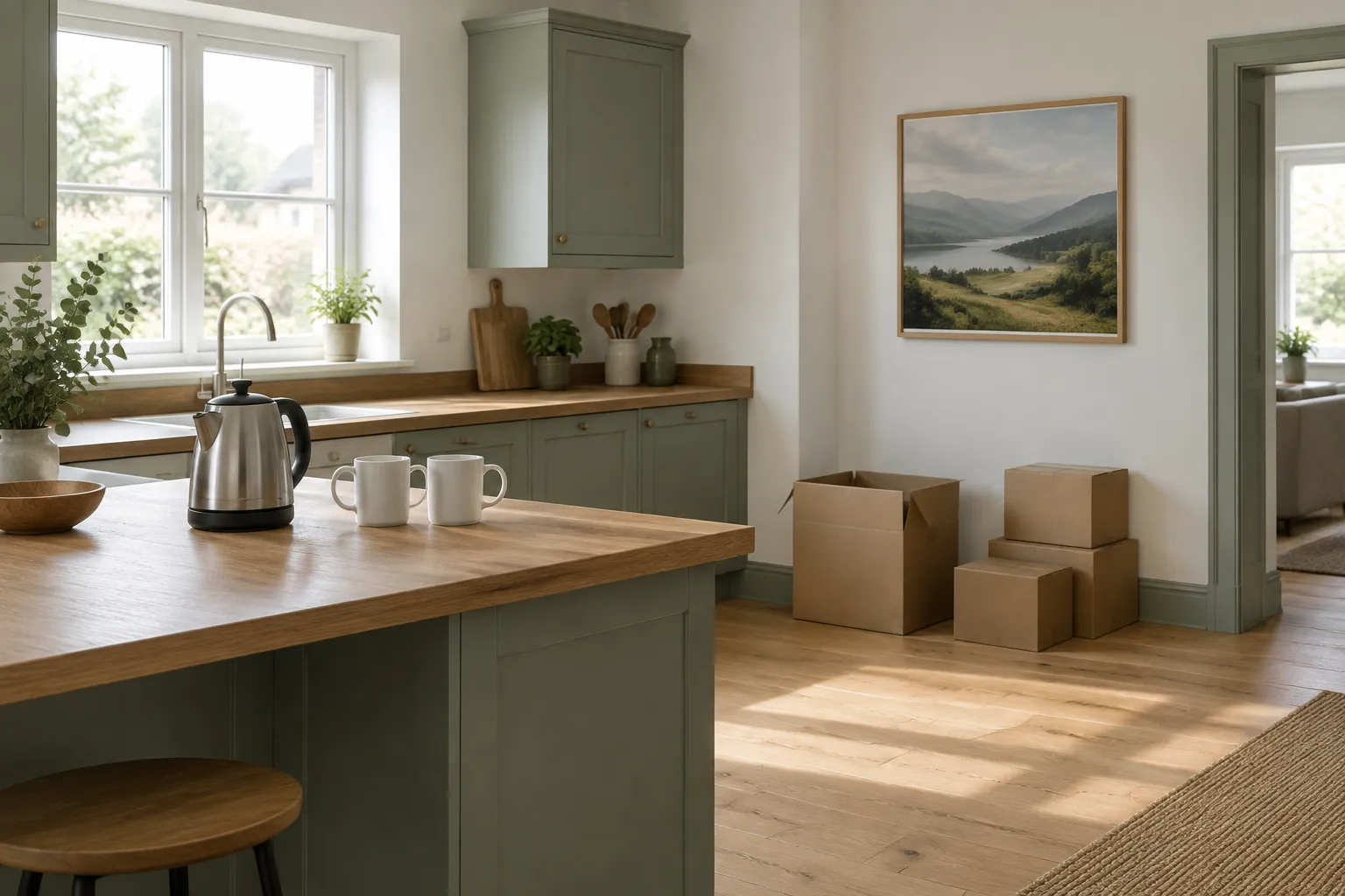 A kettle and two white mugs on a wooden worktop, with a few moving boxes by the wall.