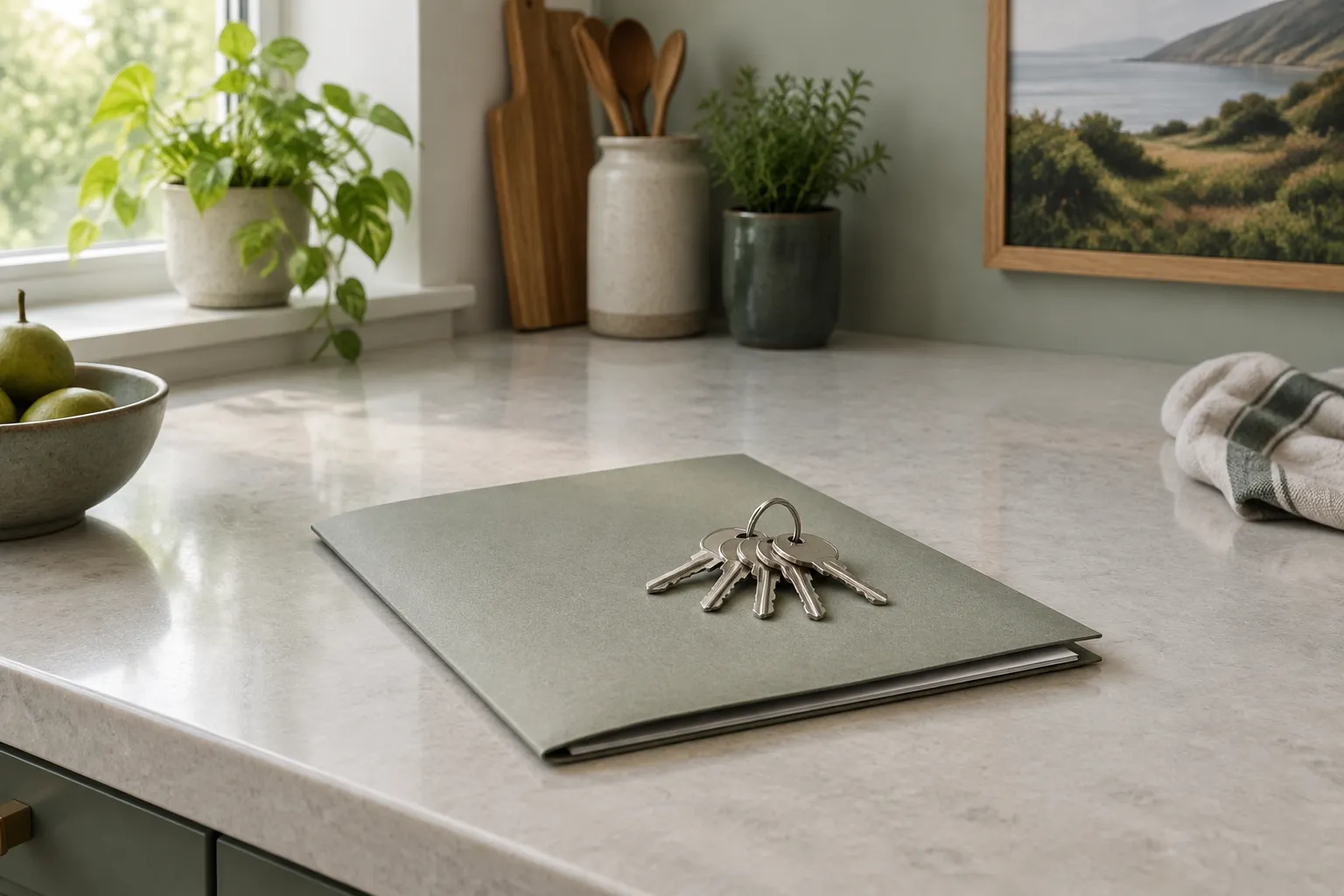 A ring of keys on a closed grey folder on a kitchen worktop.