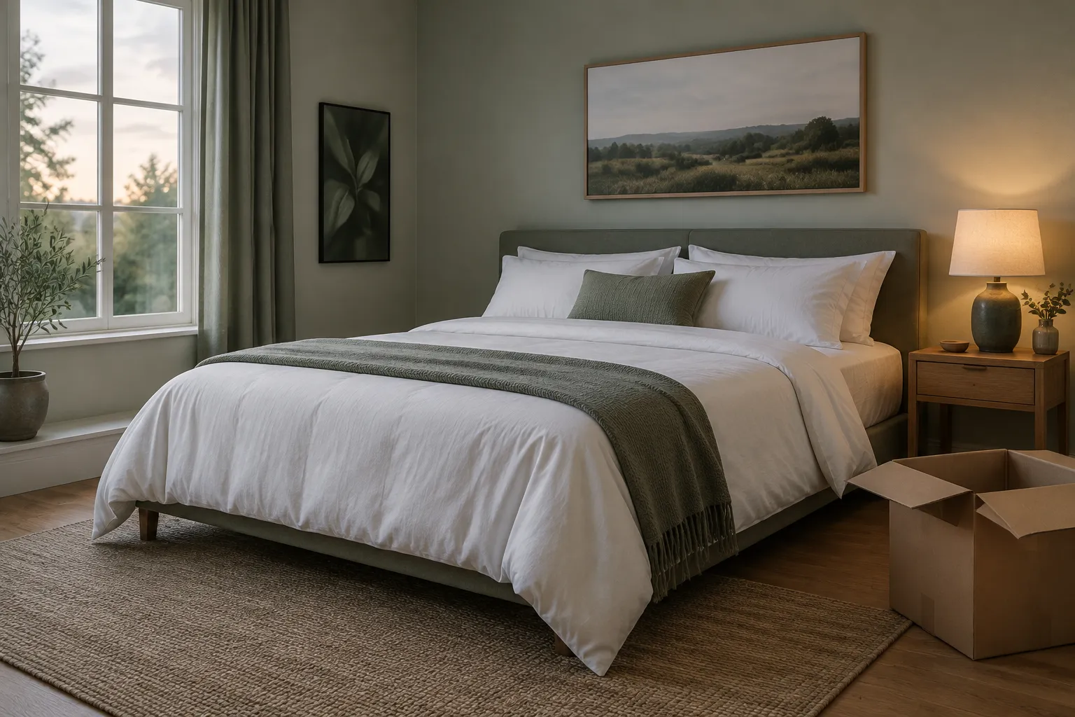 A made double bed with a green throw, a lit lamp and an open box on the floor.