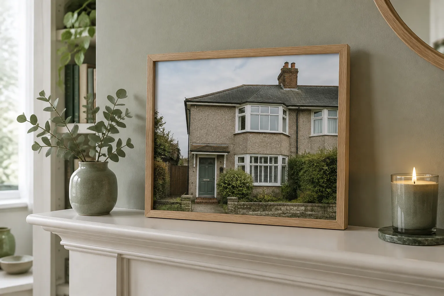 A framed photograph of a pebbledashed semi-detached house on a mantelpiece beside a lit candle.