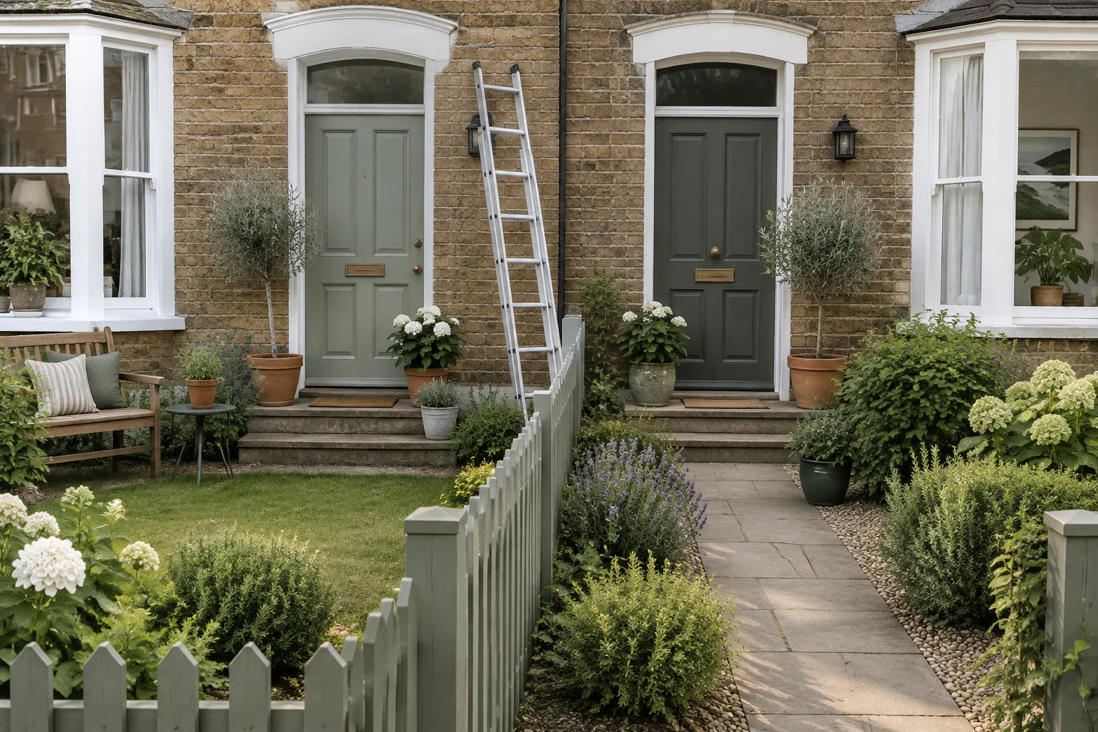 Two front doors side by side, their front gardens split by a low picket fence.
