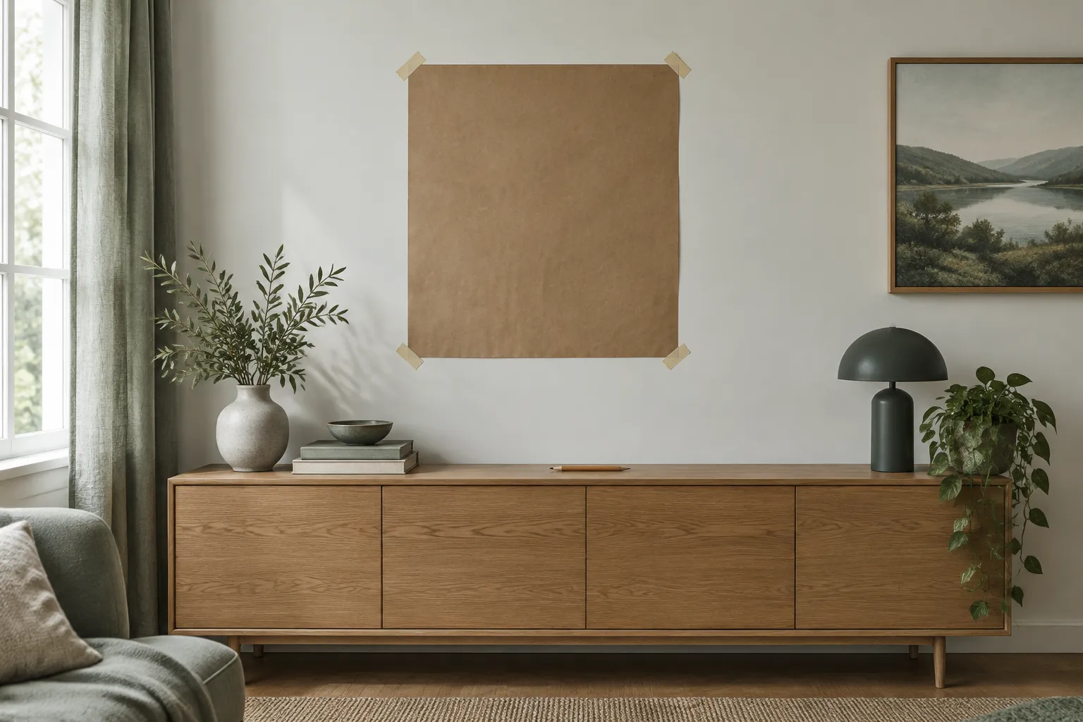 A sheet of brown paper taped to a pale wall above a wooden sideboard.