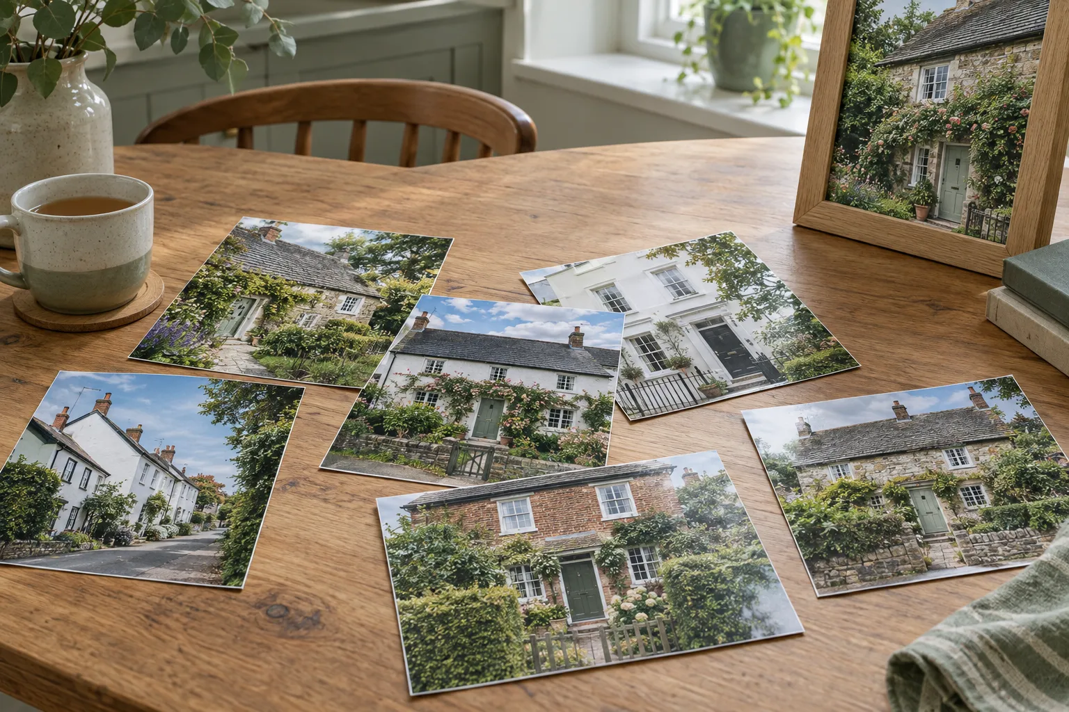 Several photographs of houses spread across a wooden table beside a mug of tea.