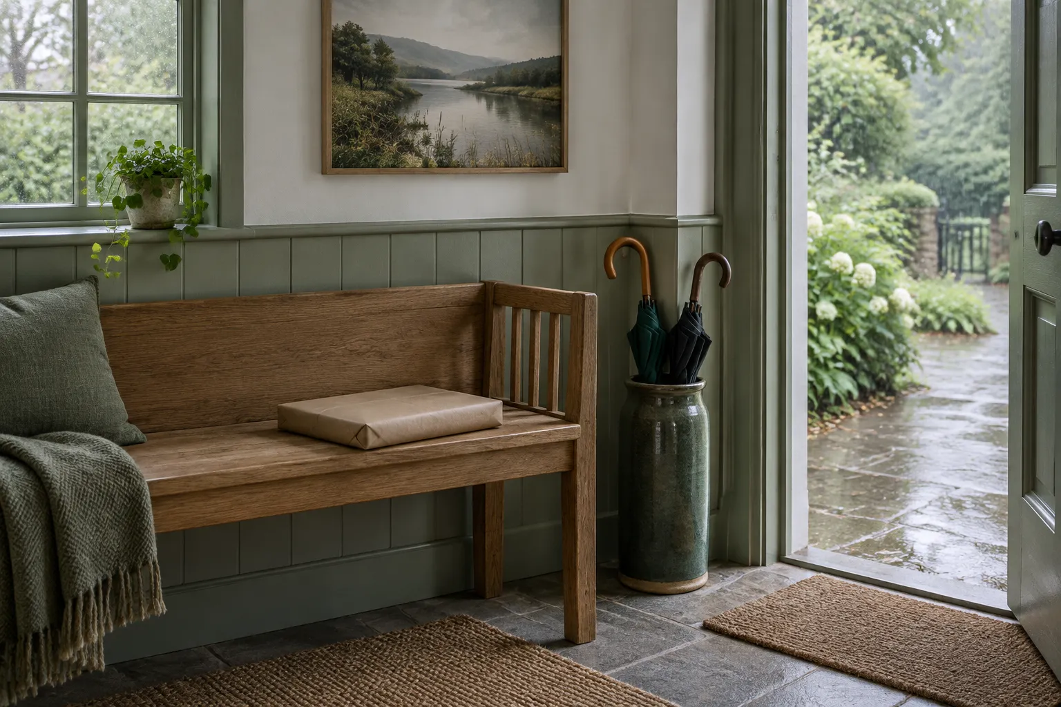 A parcel wrapped in brown paper on a wooden bench in a porch, the front door open to a wet garden path.