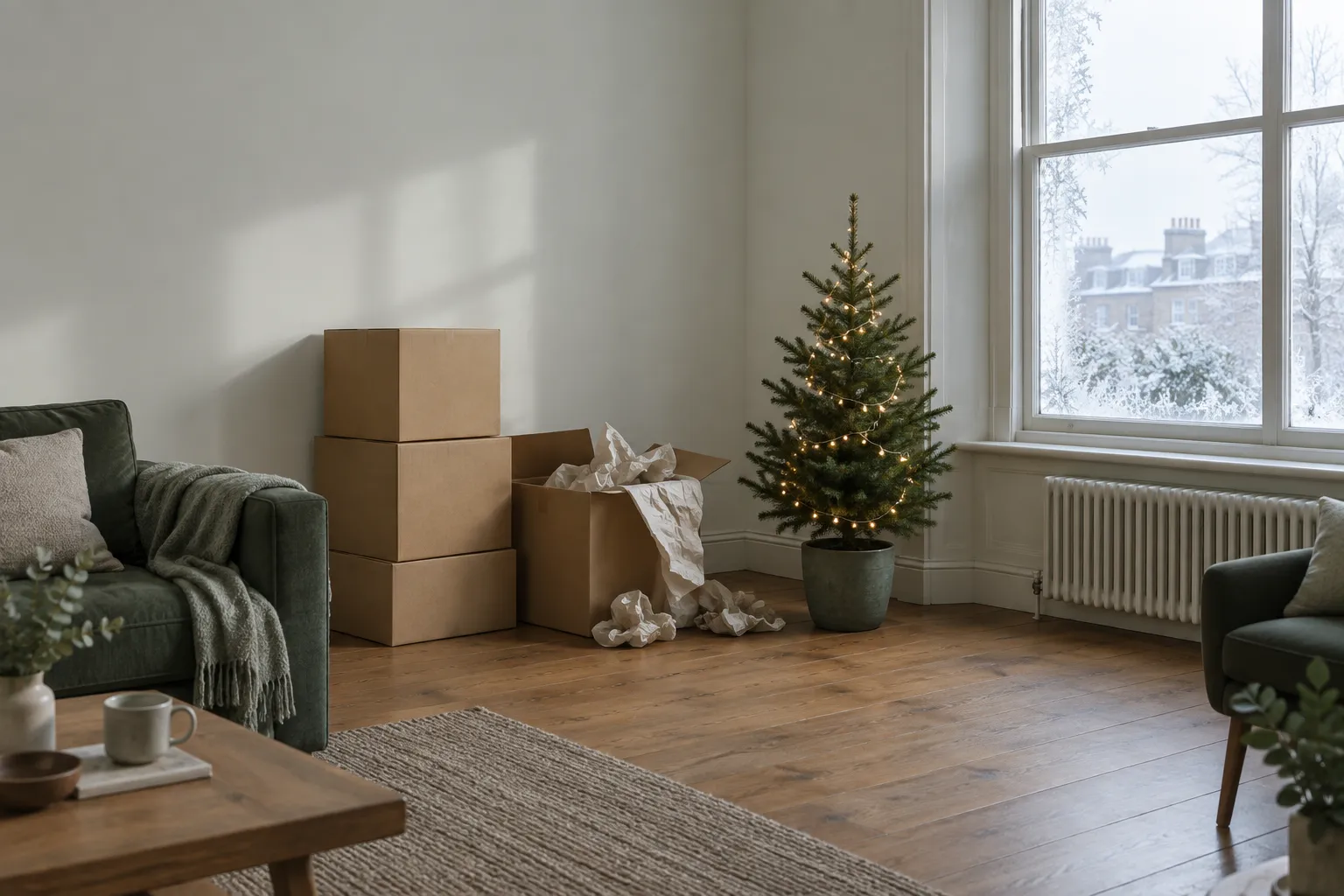 A living room just moved into at Christmas: bare walls, stacked moving boxes and a small lit fir tree.