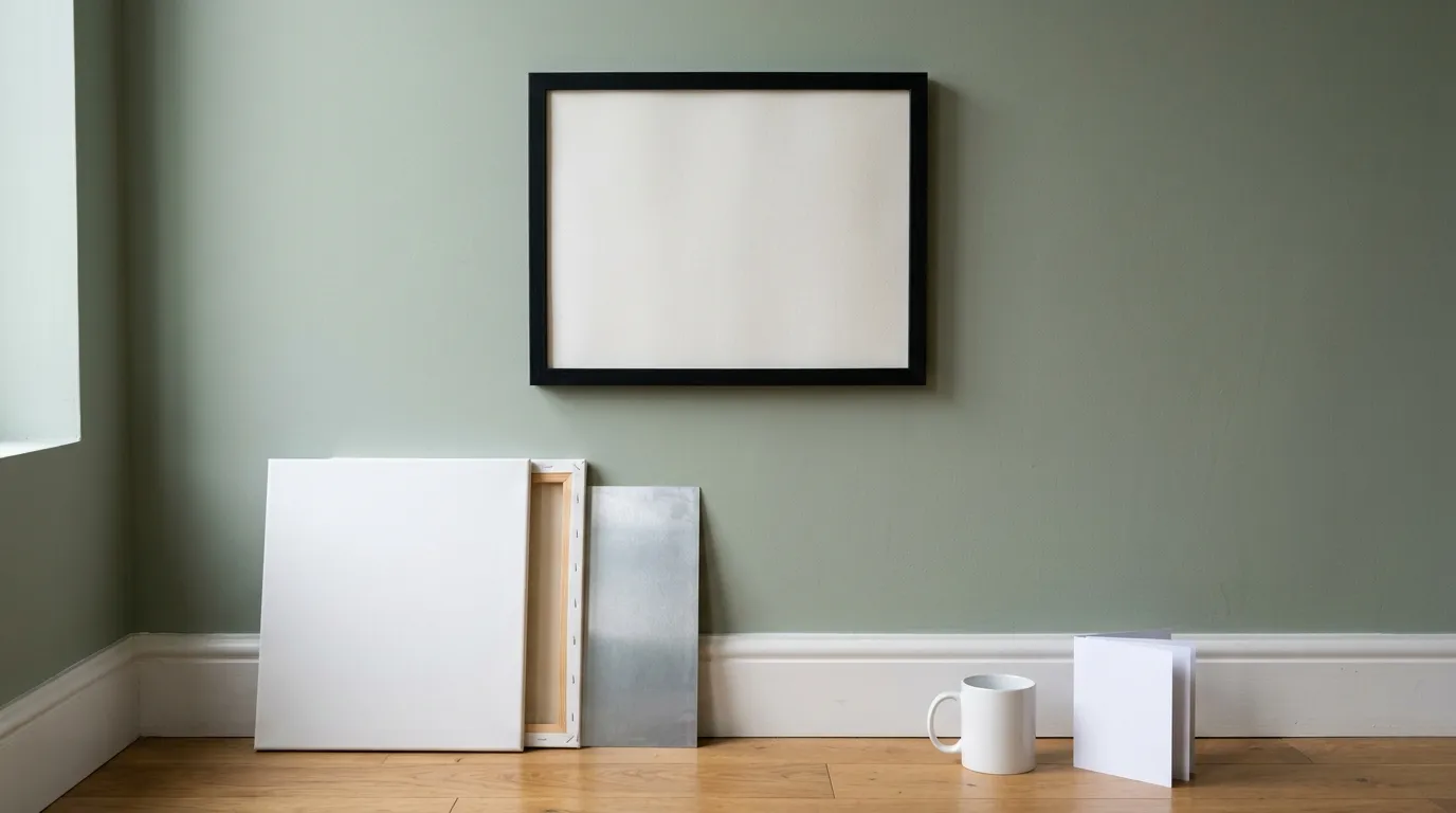 A black frame on a green wall holding a blank off-white sheet edge to edge, with a bare stretched canvas, a bare metal panel, a white mug and a blank folded card on the floorboards below.
