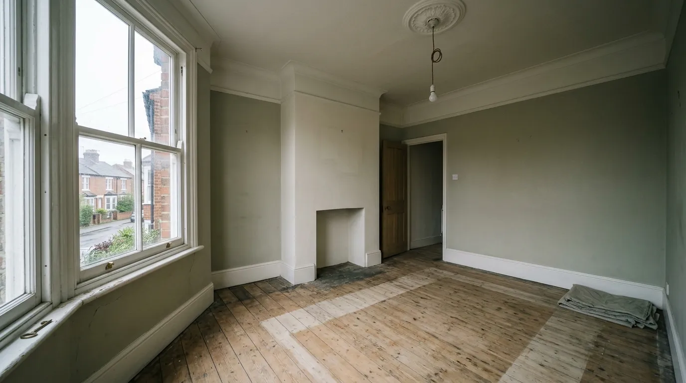An unfurnished front room with light through the windows