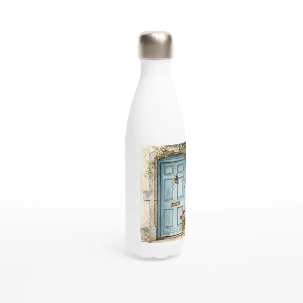 Gelato product render: The Blue Front Door, a watercolour of a pale blue door framed by climbing roses, printed on a panel on the front of a white stainless steel bottle