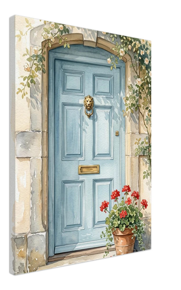Gelato product render: The Blue Front Door, a watercolour of a pale blue door framed by climbing roses, on a stretched canvas, the picture continuing round the side edge