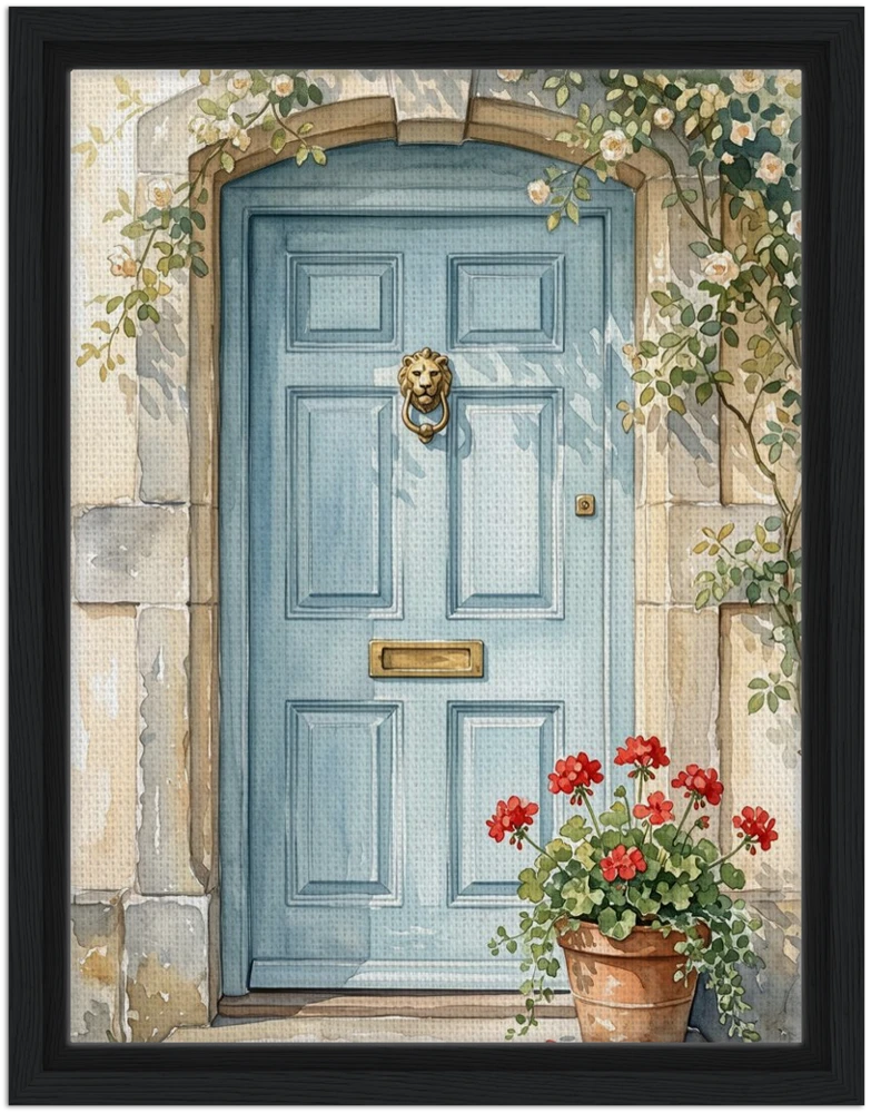 Gelato product render: The Blue Front Door, a watercolour of a pale blue door framed by climbing roses, on a canvas set inside a black frame