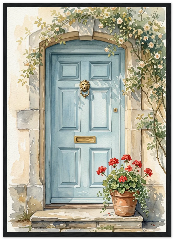 Gelato product render: The Blue Front Door, a watercolour of a pale blue door framed by climbing roses, printed and framed in a black frame