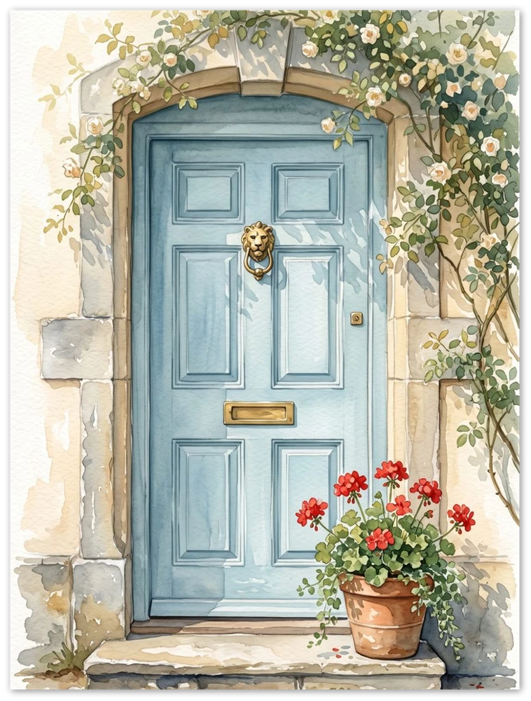 Gelato product render: The Blue Front Door, a watercolour of a pale blue door framed by climbing roses, printed edge to edge on a frameless metal panel