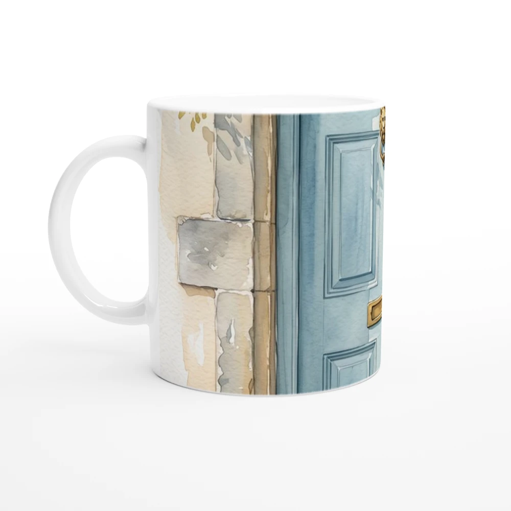 Gelato product render: The Blue Front Door, a watercolour of a pale blue door framed by climbing roses, printed round the body of a white ceramic mug