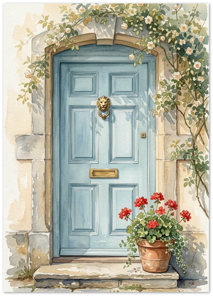 Gelato product render: The Blue Front Door, a watercolour of a pale blue door framed by climbing roses, on an unframed paper print