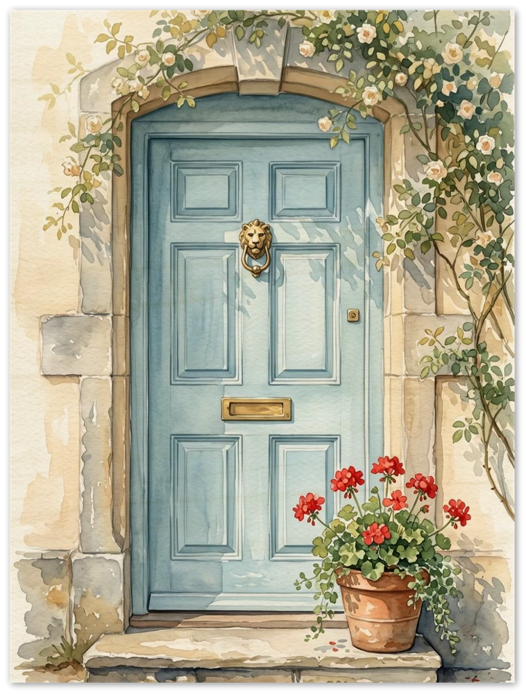 Gelato product render: The Blue Front Door, a watercolour of a pale blue door framed by climbing roses, printed on a frameless wood panel