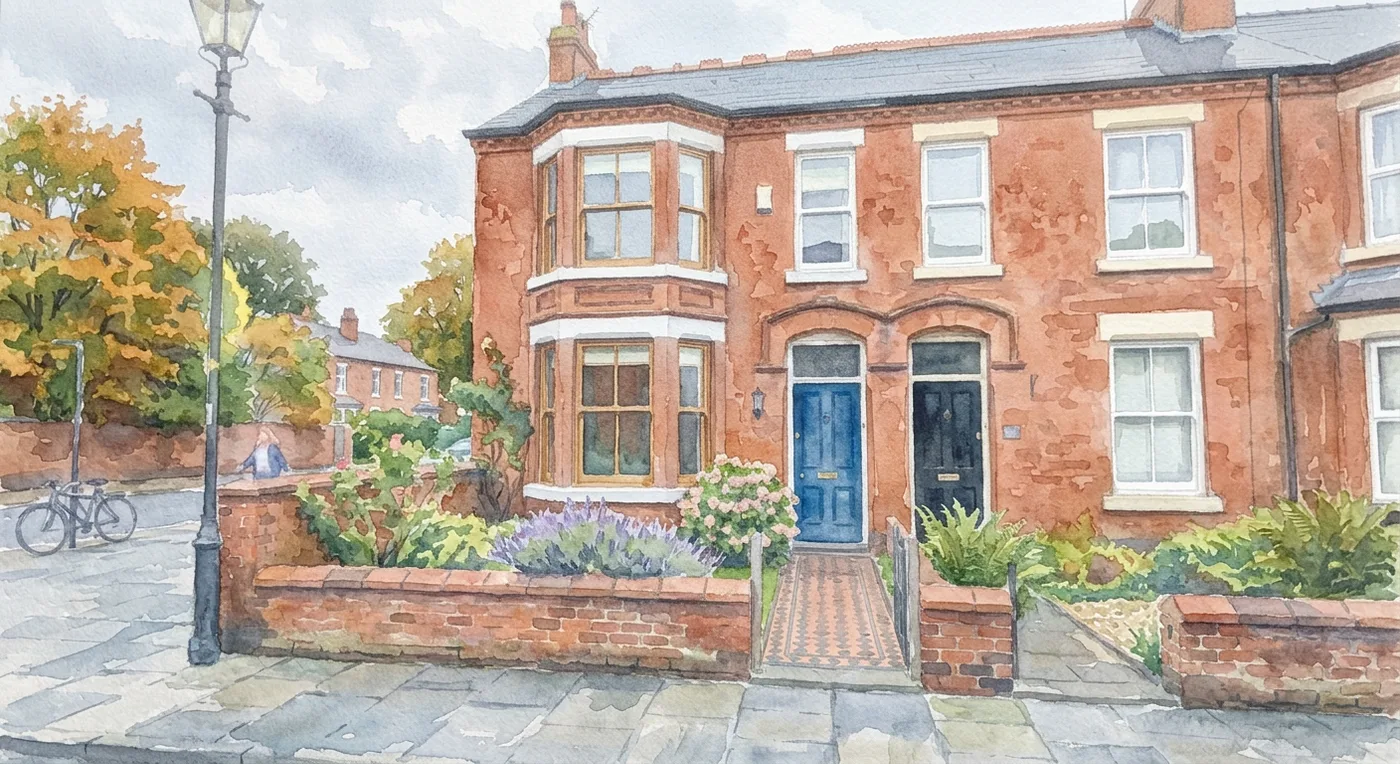 The same house painted as a soft watercolour with translucent washes