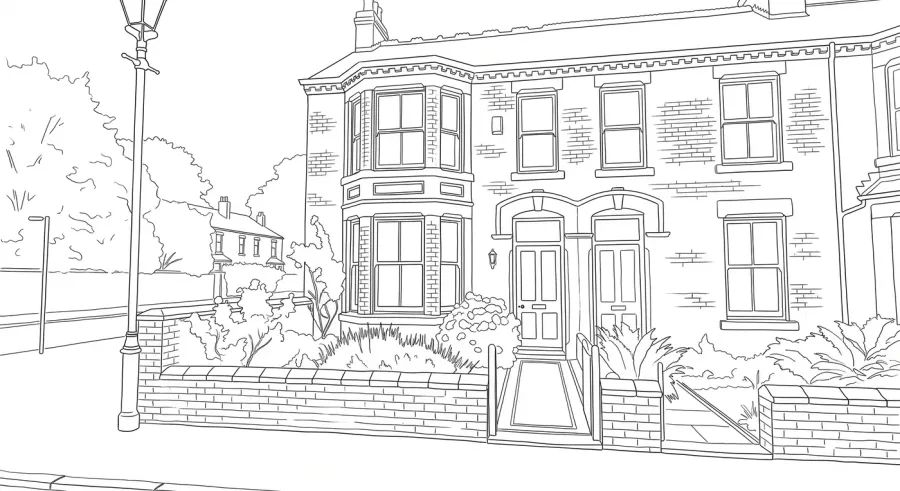 The same house as a Fine Line illustration