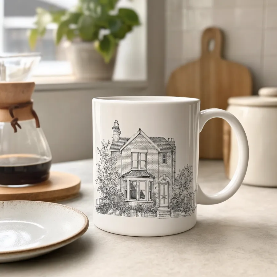 House illustration printed on a mug