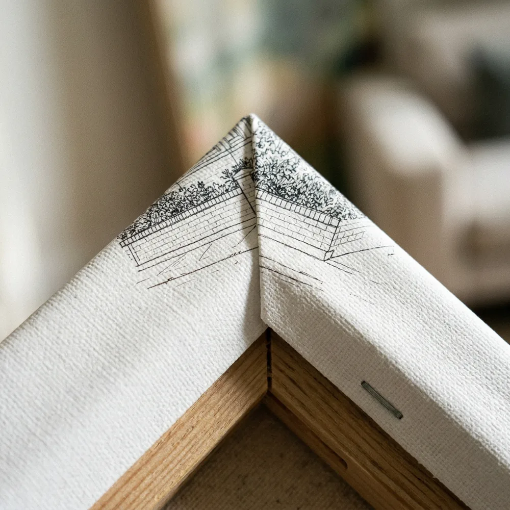Corner of a gallery-wrapped canvas print showing texture and deep wrap