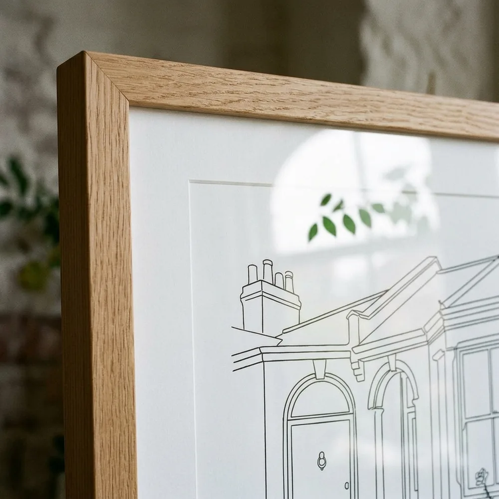 Mitred corner of a natural oak frame with white mount