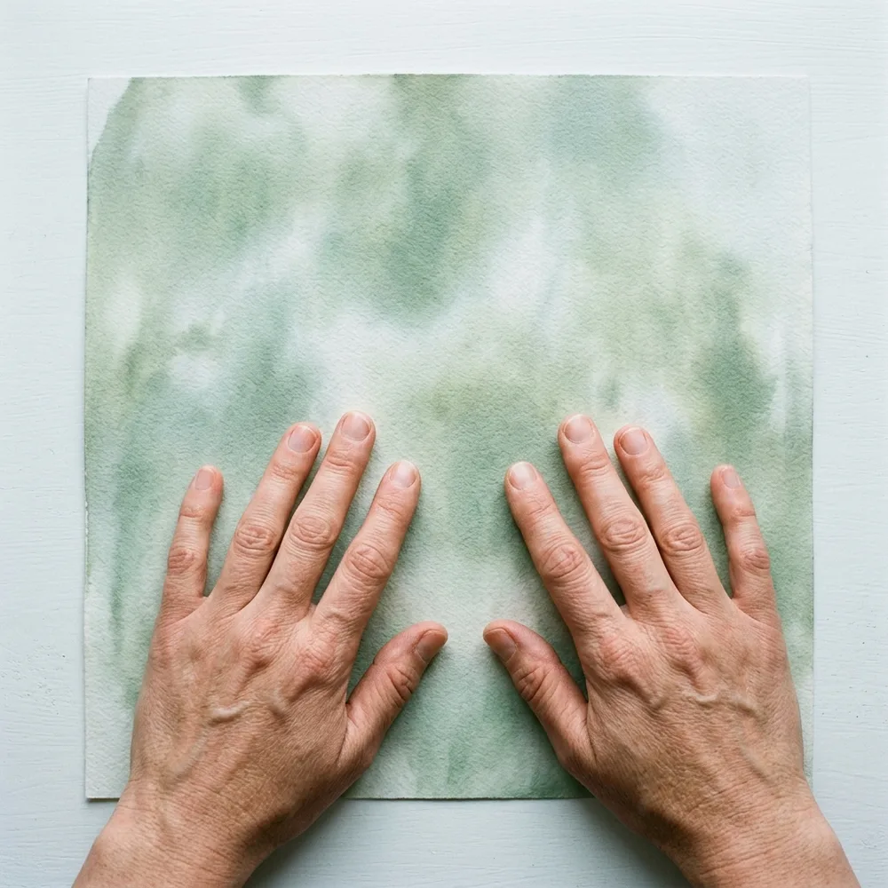 A pair of hands smoothing a print on a table