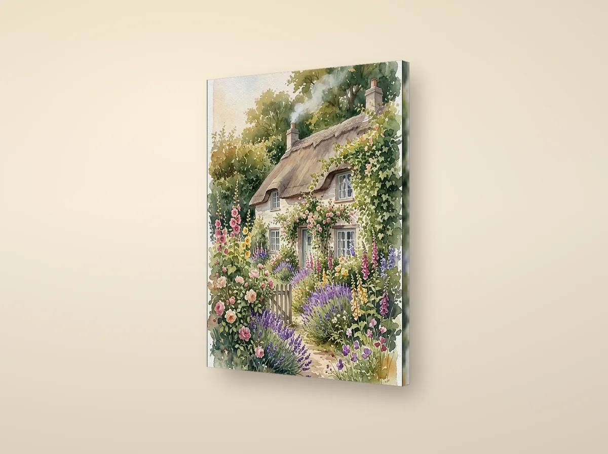 A canvas print of a thatched cottage and its flower garden on a cream wall, turned to show the picture wrapping the 2 cm edge.