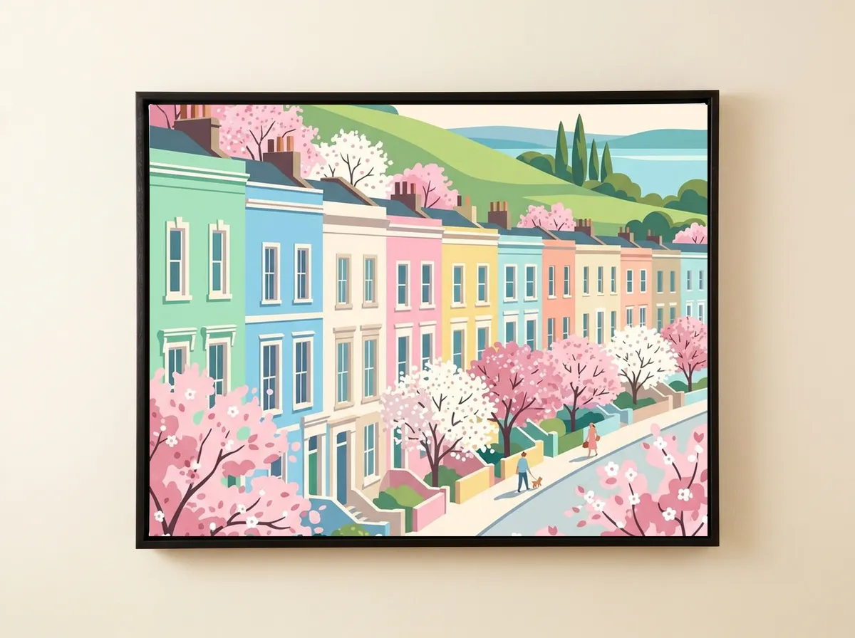 Terrace in Spring on a black framed canvas, the coloured house fronts and blossom trees filling the frame.