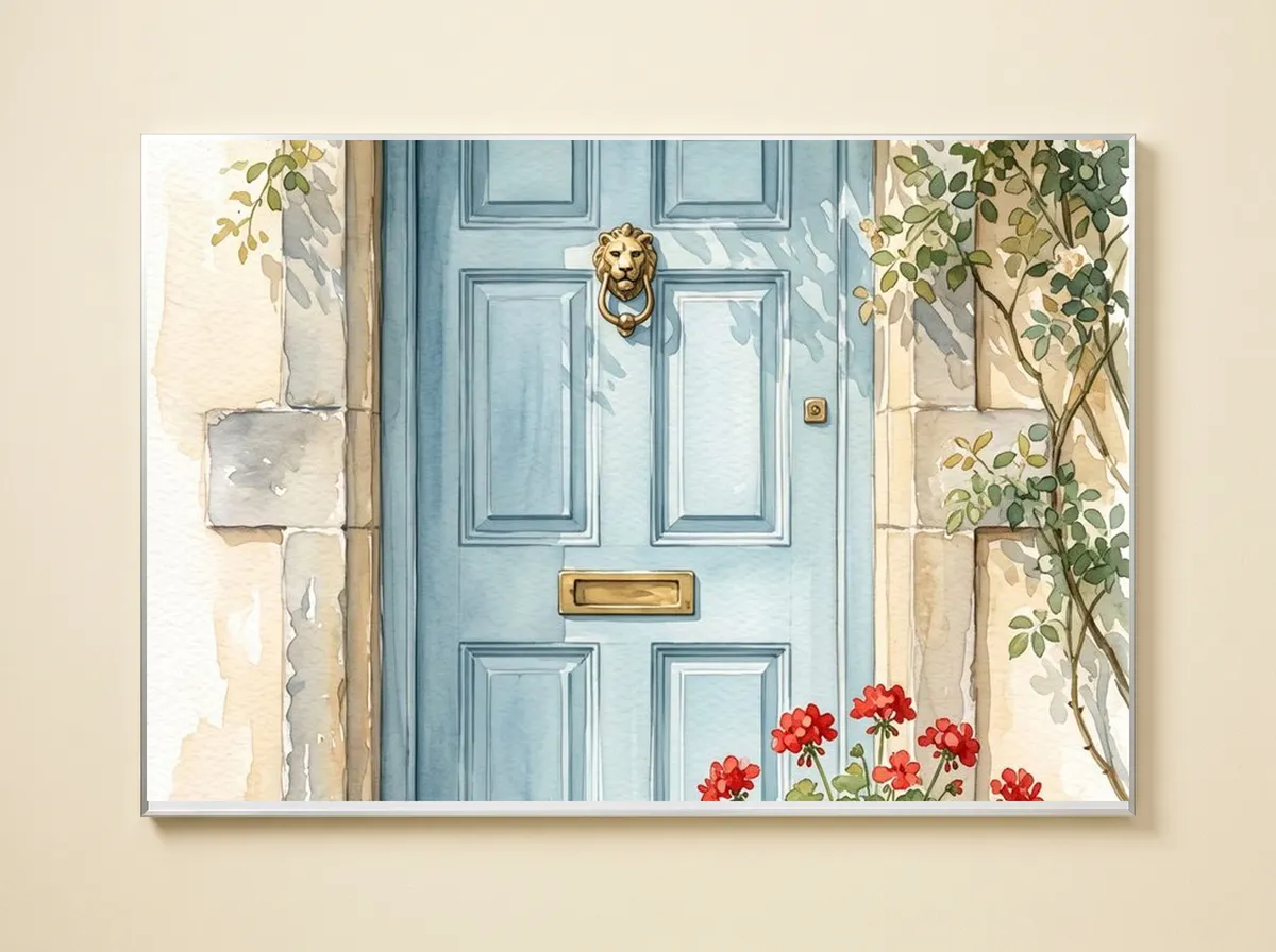 The Blue Front Door on a metal print, cropped to the lion’s-head knocker, the brass letterbox and the red geraniums.