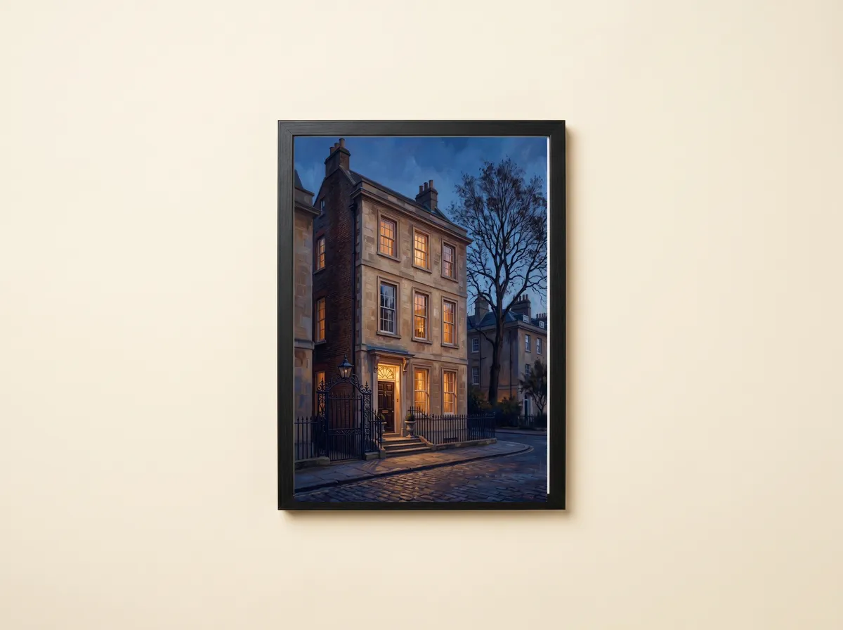 Townhouse Evening in a black frame: a tall stone townhouse at dusk with lit windows, railings and cobbles.